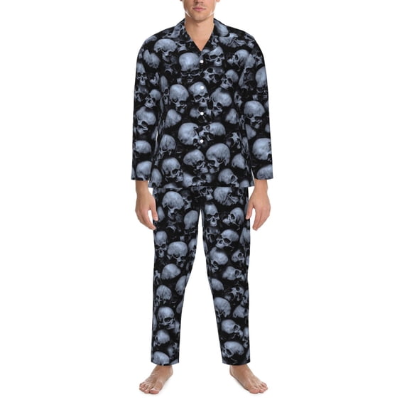 Salouo Gothic Skull Print Button-Front Long Sleeve Pajama Set for Men, Soft 2Pjs Men's Long Sleeve Sleepwear -Large