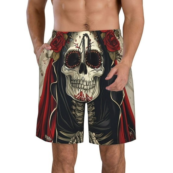Salouo Gothic Skull With Roses Pattern Swim Trunks for Men,Men's Hawaiian Bathing Suit Swimsuits Quick Dry Swimming Board Shorts Beach Shorts with Pockets-Large