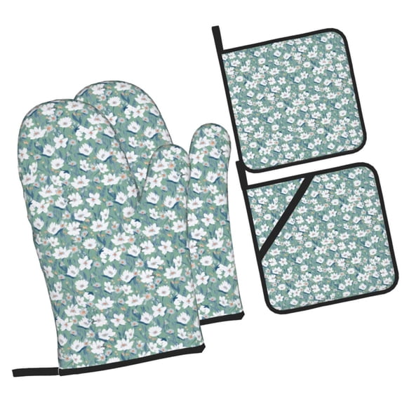 Salouo Gouache Flowers for Oven Mitts and Potholders BBQ Gloves-Oven Mitts and Pot Holders Non-Slip Cooking Gloves for Cooking Baking Grilling (4-Piece Set)