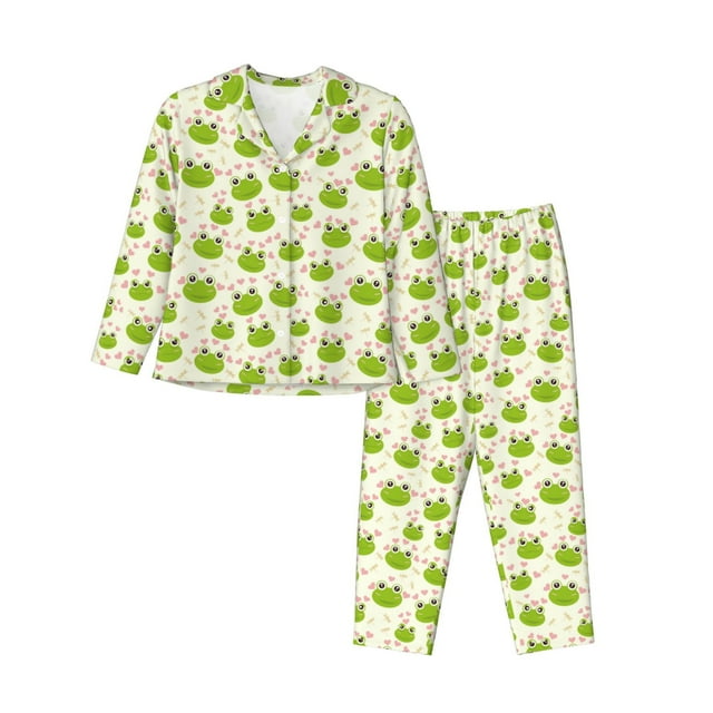 Salouo Green Frog Pattern Women's Pajamas Set Long Sleeve Button Down ...