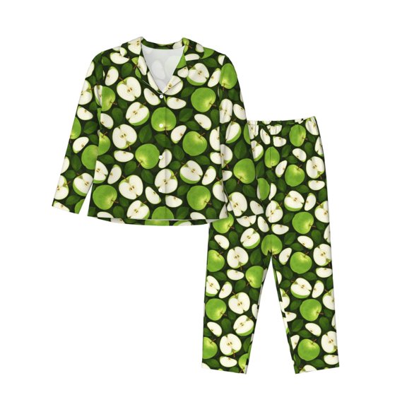Salouo Green Fruit Pattern Women's Pajamas Set Long Sleeve Button Down Sleepwear Soft Pj Lounge Sets for women 2 Piece Pjs Set with Long Pants-X-Large