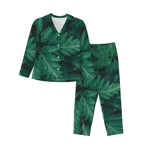 Salouo Green Leave Fern Pattern Women's Pajamas Set Long Sleeve Button Down Sleepwear Soft Pj Lounge Sets for women 2 Piece Pjs Set with Long Pants-Medium