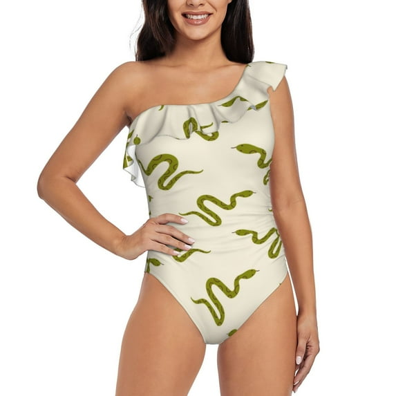 Salouo Green Snake Pattern One Shoulder Ruffled One Piece Swimsuit for Women V Neck Swimwear Tummy Control Bathing Suit-Medium