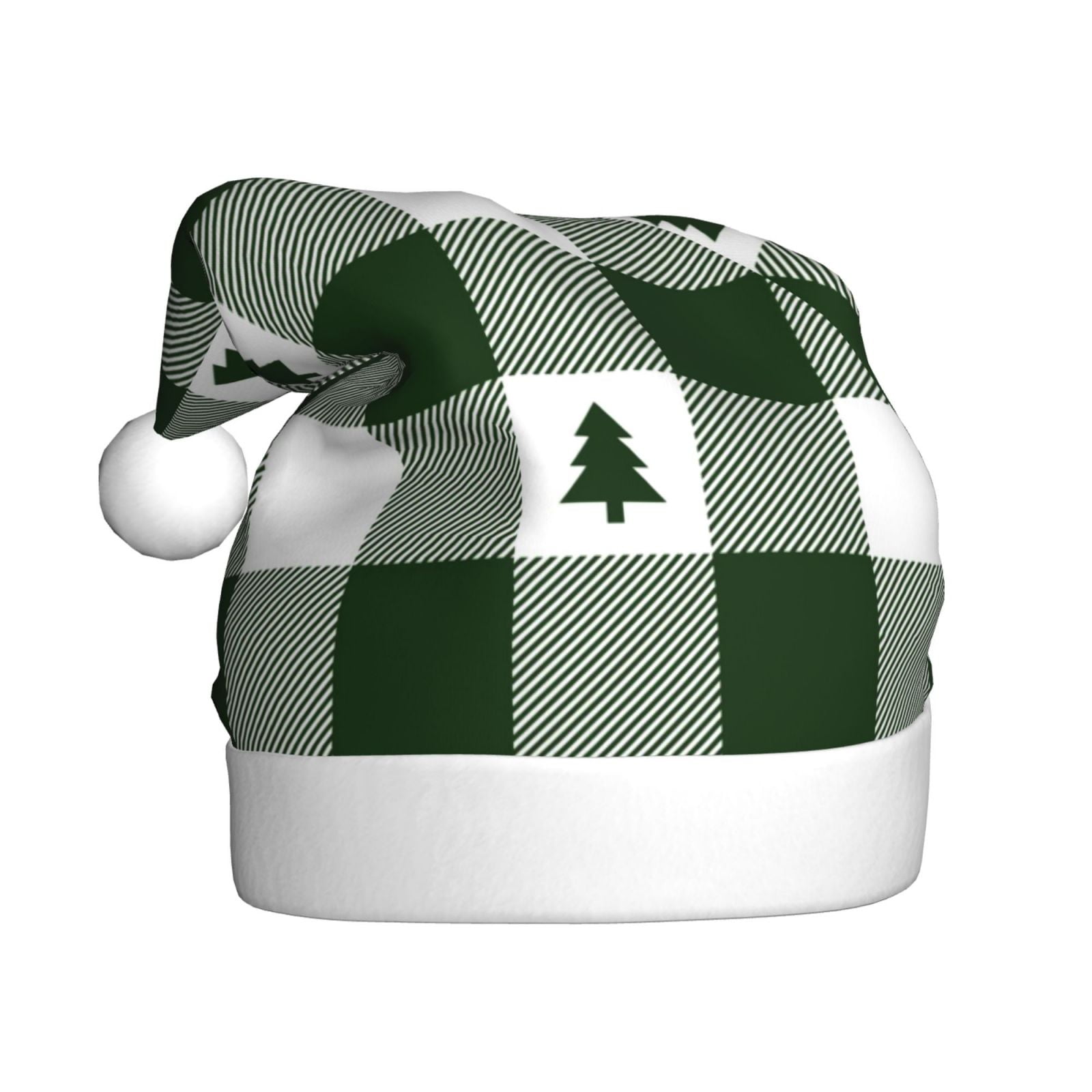 Salouo Green White Lumberjack Plaid for Adult Christmas Hat Xmas Holiday Hat Santa Hat for Women & Men Festive Headwear Accessories Fit for Christmas/ New Year/Holiday/Party,1PC