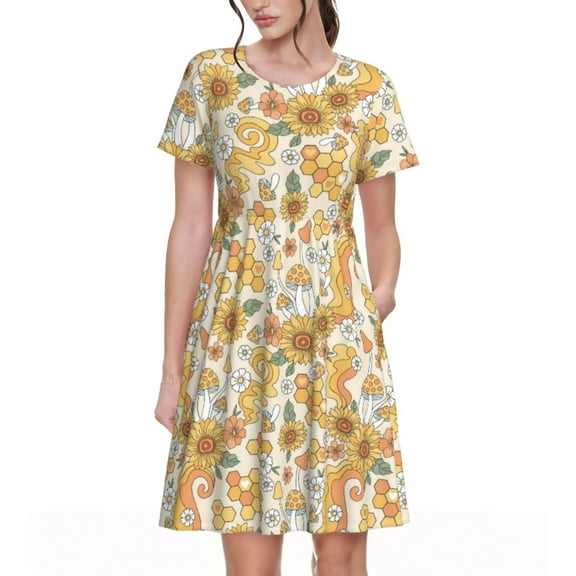 Salouo Groovy Hippie Flower Mushrooms for Women's Short Sleeve Summer Dress, Pleated Loose Swing Knee Length Dresses with Pockets