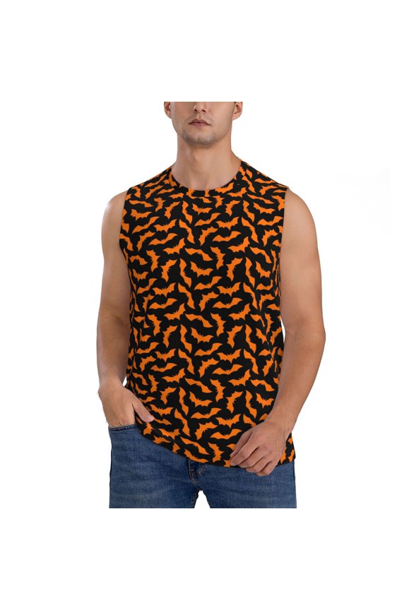 Halloween Bat Pattern Men's Sleeveless T Shirts,Men's Regular-Fit Tank Top Sports Shirt for Men Sleeveless Tank Shirt -Large