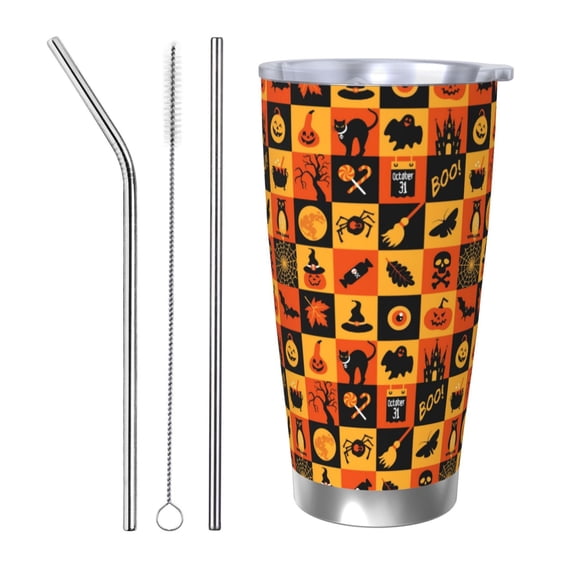 Salouo Halloween Print 20oz Tumbler with Lid,Stainless Steel Vacuum Insulated Tumbler Durable Insulated Coffee Mug Thermal Cup with Splash Proof Sliding Lid-Straw Three-piece Set