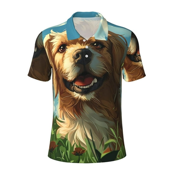 Salouo Happy Dog In Flower Field for Men's Short Sleeve Polo Shirts,Polo Shirts for Men Performance Short Sleeve Golf Shirt Athletic Casual Collared T-Shirt-3X-Large
