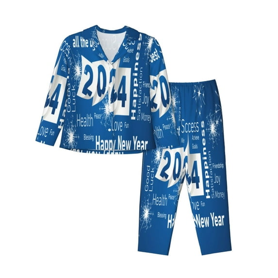 Salouo Happy New Year 2024 (4) Pattern Women's Pajamas Set Long Sleeve Button Down Sleepwear Soft Pj Lounge Sets for women 2 Piece Pjs Set with Long Pants -Medium