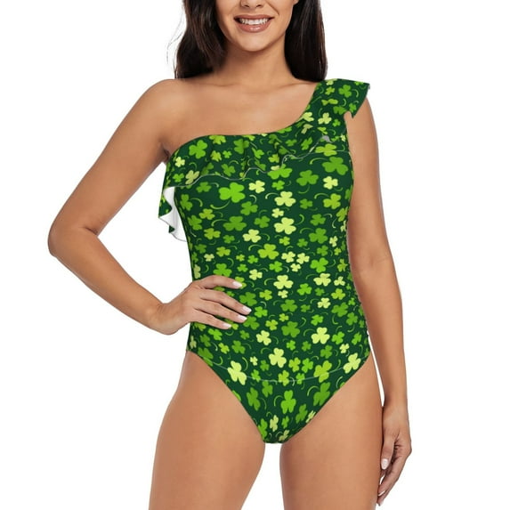 Salouo Happy St. Patrick's day Pattern One Shoulder Ruffled One Piece Swimsuit for Women V Neck Swimwear Tummy Control Bathing Suit-X-Large