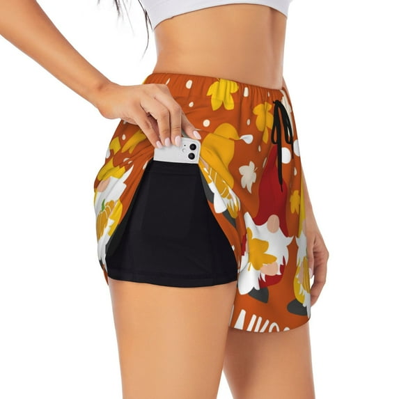 Salouo Happy Thanksgiving Three Gnomes Print Women's 2 in 1 Running Shorts Double-Layer Shorts Athletic Workout Gym Yoga Shorts Running Shorts for Women-X-Large