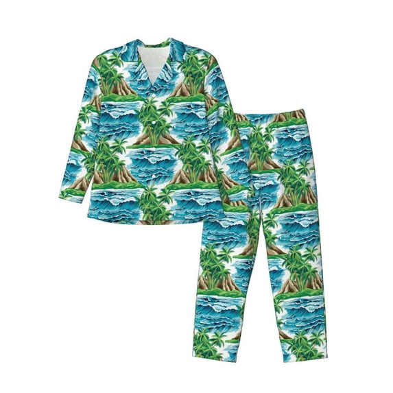 Salouo Hawaii Palms Print Button-Front Long Sleeve Pajama Set for Men, Soft 2Pjs Men's Long Sleeve Sleepwear-Large
