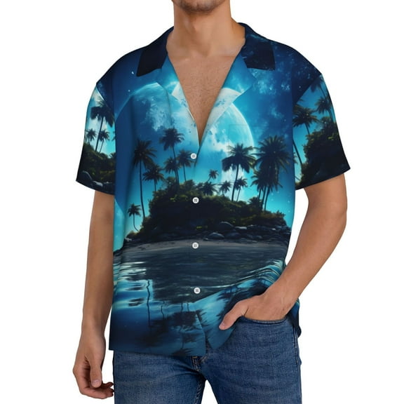 Salouo Hawaiian Beach Pirate Moon Pattern Cuban Collar Shirts for Men Button-Down Shirt Men's Short Sleeve Shirts Hawaiian Shirts Casual Shirts -Small