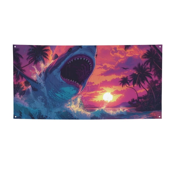 Salouo Hawaiian Island Beach Shark Pattern Holiday Banner Outside Party Decoration Banner (1PC) Festival Supplies Fit for Birthday Parties & Celebrations & Chrismas-Small