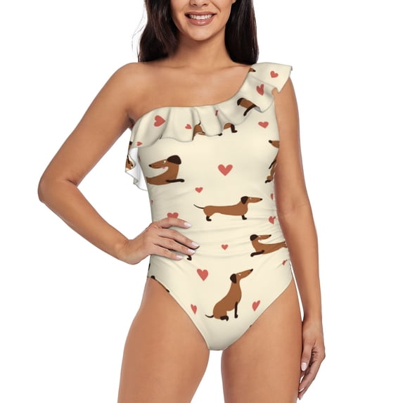 Salouo Heart Dachshund Pattern One Shoulder Ruffled One Piece Swimsuit for Women V Neck Swimwear Tummy Control Bathing Suit-XX-Large