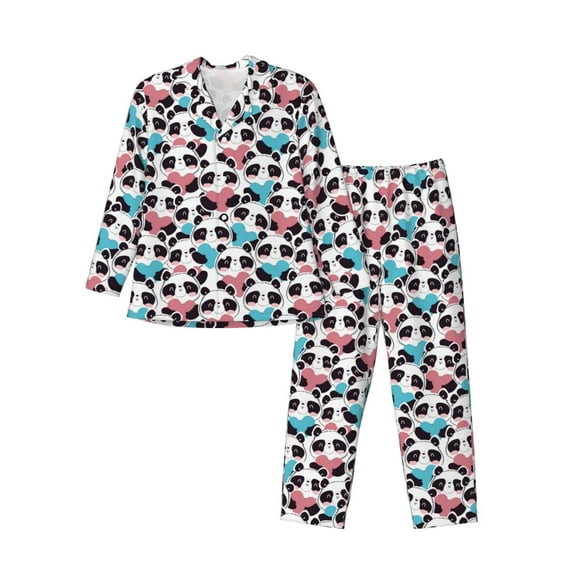 Salouo Heart Panda Print Button-Front Long Sleeve Pajama Set for Men, Soft 2Pjs Men's Long Sleeve Sleepwear-XX-Large