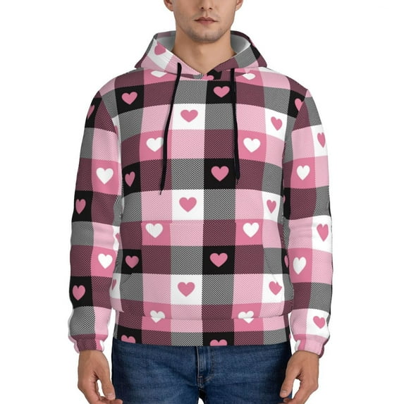 Salouo Heart Plaid Pattern Men's Fall Hoodie Sweatshirt,Sport Hoodie with Pockets for Men Pullover Casual Hooded Sweatshirt-X-Large