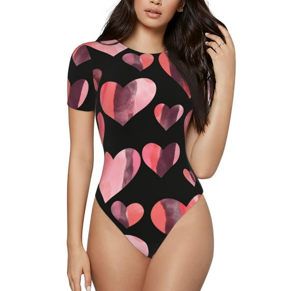 Salouo Hearts for Women's Short Sleeve Bodysuit,Sexy Bodysuits One Piece Round Neck Bodysuit Shapewear Tummy Control-XX-Large