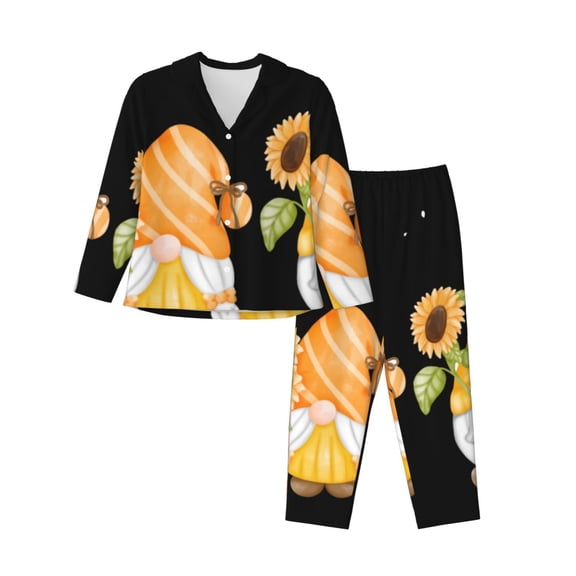 Salouo Hello Spring Sunflower Gnomes Pattern Women's Pajamas Set Long Sleeve Button Down Sleepwear Soft Pj Lounge Sets for women 2 Piece Pjs Set with Long Pants -Medium