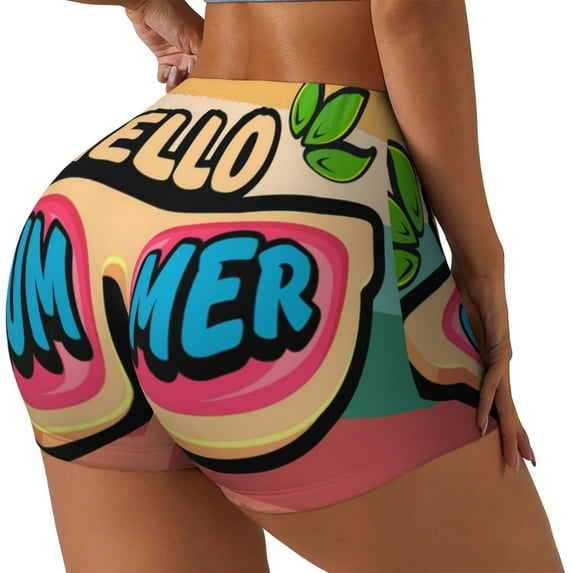 Salouo Hello Summer Print Women's Athletic Shorts,Booty Shorts Biker Shorts High Waisted Elastic Workout Shorts for Yoga Gym Running Sports-Large
