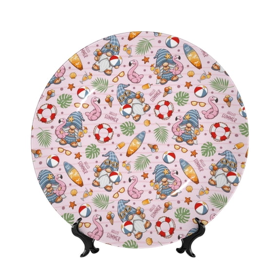Salouo Hello Summer With Gnome Pattern Bone China Decorative Plate,Holiday Decor Decorative Ceramic Plates with Stand Elegant Home DéCor for Hallway/Living Room/Bedroom-8in