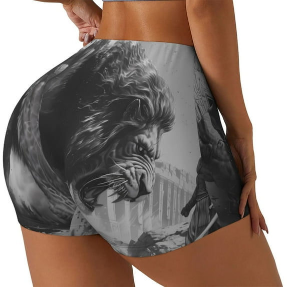 Salouo Heroic Lion Encounter Print Women's Athletic Shorts,Booty Shorts Biker Shorts High Waisted Elastic Workout Shorts for Yoga Gym Running Sports-XX-Large