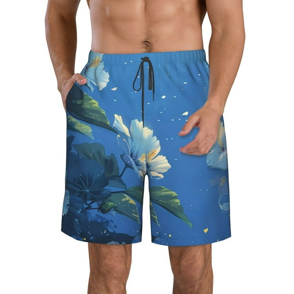 Salouo Hibiscus Flowers Calm Water Pattern Swim Trunks for Men,Men's Hawaiian Bathing Suit Swimsuits Quick Dry Swimming Board Shorts Beach Shorts with Pockets-3X-Large