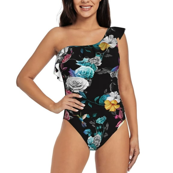 Salouo Hibiscus Rose Pattern One Shoulder Ruffled One Piece Swimsuit for Women V Neck Swimwear Tummy Control Bathing Suit-Large