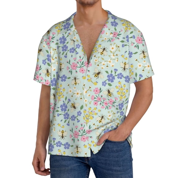Salouo Honey Bees And Flowers Pattern Cuban Collar Shirts for Men Button-Down Shirt Men's Short Sleeve Shirts Hawaiian Shirts Casual Shirts -X-Large