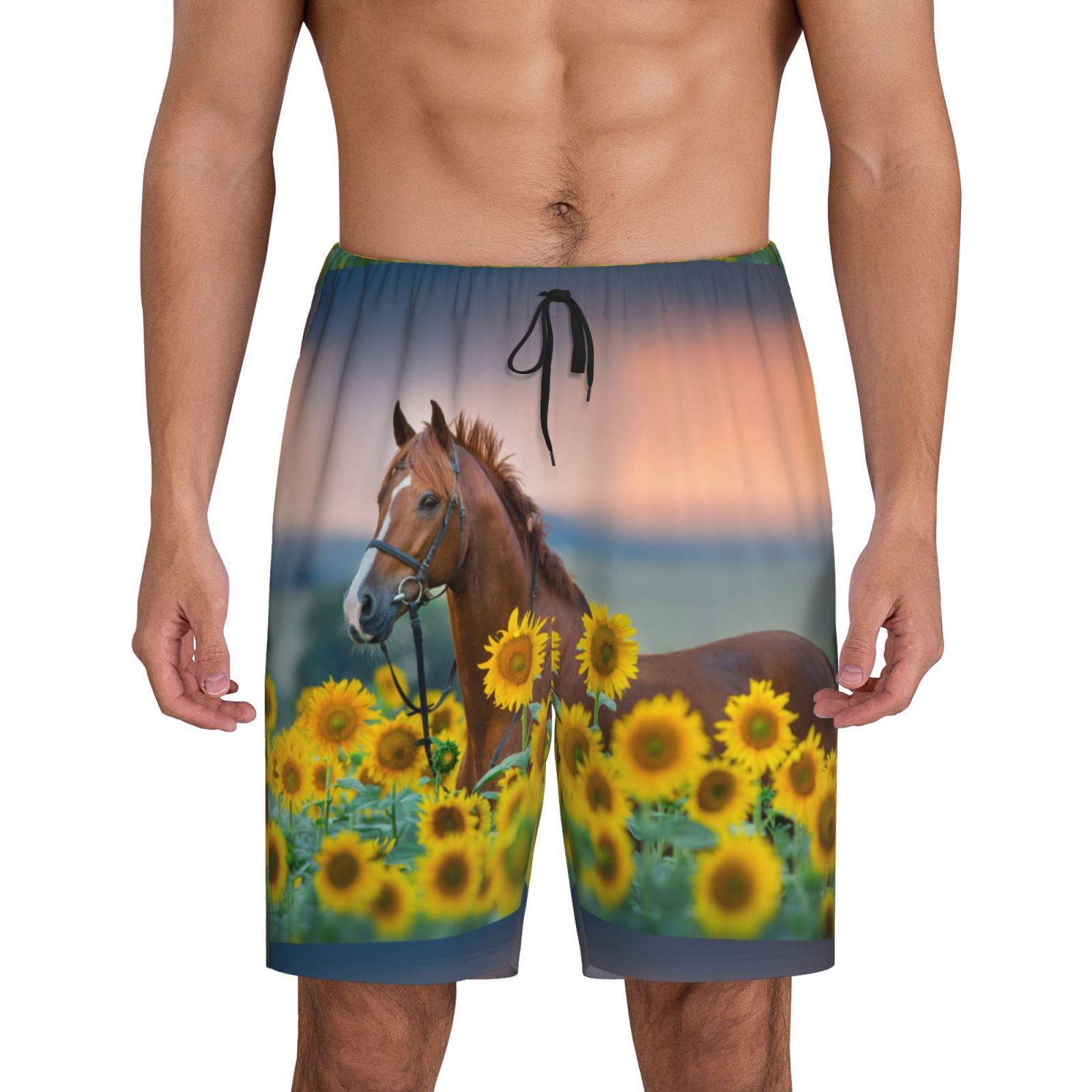 Salouo Horse Sunflowers Pattern Men's Sleep Pajama Shorts,Pajama ...