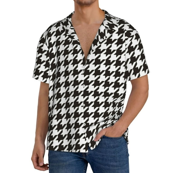 Salouo Houndstooth Black And White Pattern Cuban Collar Shirts for Men Button-Down Shirt Men's Short Sleeve Shirts Hawaiian Shirts Casual Shirts -X-Large