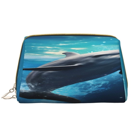 Salouo Ice Blue Ocean Cute Dolphin Pattern Large Cosmetic Bag,Portable Travel Makeup Bag Makeup Brush Organizer Cosmetics Pouch Large Capacity Travel Makeup Case Organizer