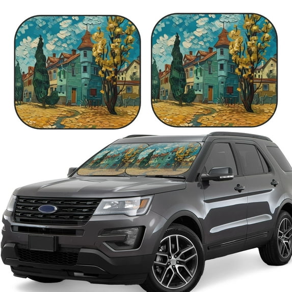 Salouo Impressionist Village Sky Pattern Car Windshield Sun Shade Foldable | Front Windshield Shade for Sun, Heat and UV Rays | Interior Sun Protection-Large