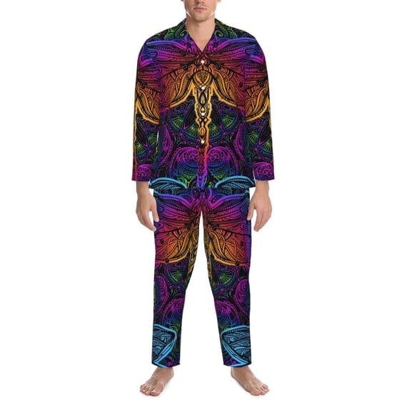 Salouo Indian Mandalas Dragonfly Print Button-Front Long Sleeve Pajama Set for Men, Soft 2Pjs Men's Long Sleeve Sleepwear -X-Large