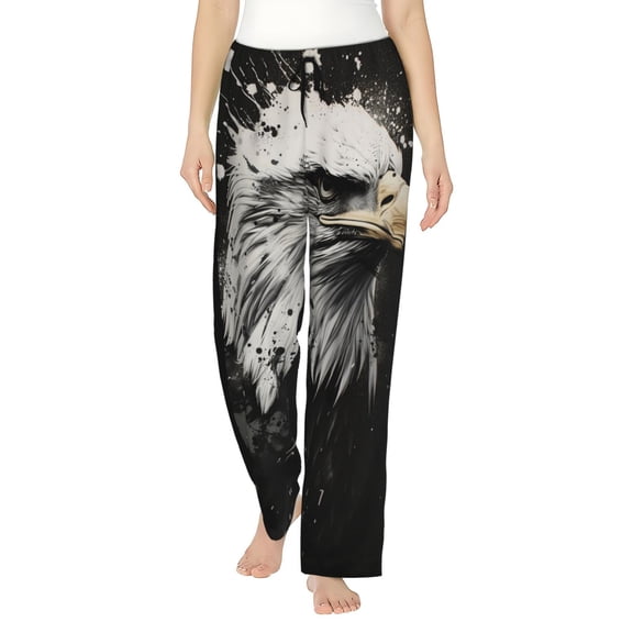 Salouo Ink Style Bald Eagle Print Women's Pajama Pants Casual Loose Sweatpants PJs Flowy Pants Drawstring Palazzo for Women Wide Leg Pants Lounge Pajama -Medium
