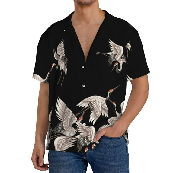 Salouo Japanese White Crane Pattern Cuban Collar Shirts for Men Button-Down Shirt Men's Short Sleeve Shirts Hawaiian Shirts Casual Shirts -Small