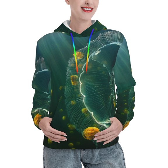 Salouo Jelly Fish Pattern Hoodie Sweatshirts for Women, Autumn Pullover Hoodie Workout Sweat Women's Long Sleeve Preppy Sweatshirts-Medium