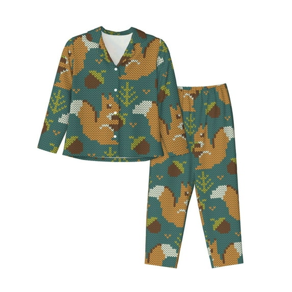 Salouo Knitted Woodland Squirrel Pattern Women's Pajamas Set Long Sleeve Button Down Sleepwear Soft Pj Lounge Sets for women 2 Piece Pjs Set with Long Pants-Large