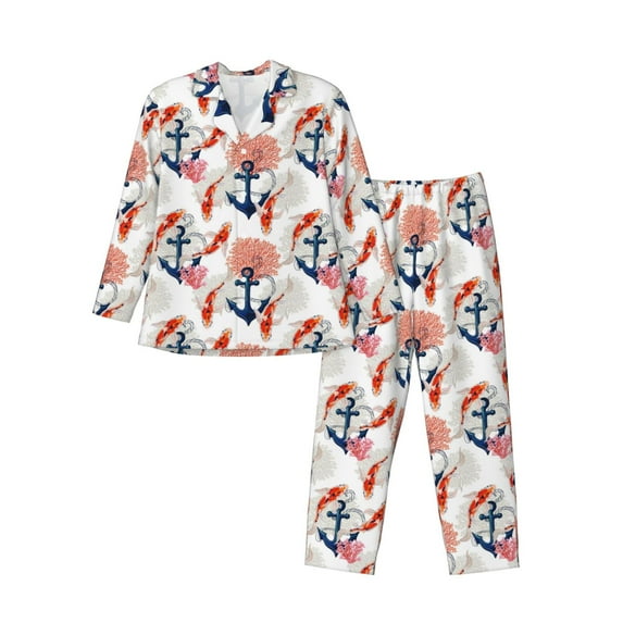 Salouo Koi Fish And Corals Print Button-Front Long Sleeve Pajama Set for Men, Soft 2Pjs Men's Long Sleeve Sleepwear-X-Large