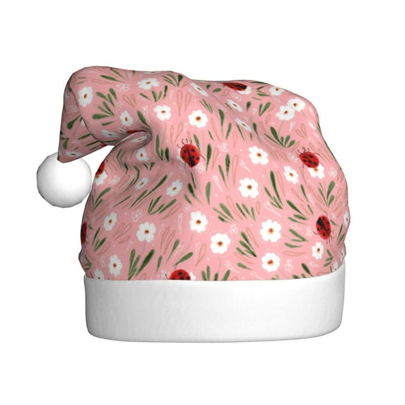Salouo Ladybug And Flowers for Adult Christmas Hat Xmas Holiday Hat Santa Hat for Women & Men Festive Headwear Accessories Fit for Christmas/ New Year/Holiday/Party,1PC