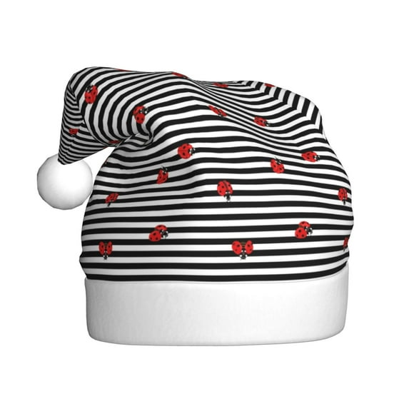 Salouo Ladybugs on Black and White Striped for Adult Christmas Hat Xmas Holiday Hat Santa Hat for Women & Men Festive Headwear Accessories Fit for Christmas/ New Year/Holiday/Party,1PC