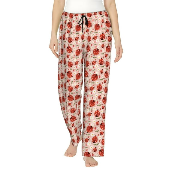 Salouo Ladybugs With Heart Spots Print Women's Pajama Pants Casual Loose Sweatpants PJs Flowy Pants Drawstring Palazzo for Women Wide Leg Pants Lounge Pajama -Small