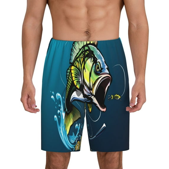 Salouo Largemouth Bass Fish Pattern Men's Sleep Pajama Shorts,Pajama Bottoms Elastic Waistband Sleep Pajama Short PJ Shorts for Men-Large