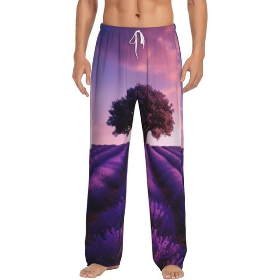 Salouo Lavender Field Sunset Print Pajama Pants for Men, Lounge Pants Elastic Waistband Casual Men's sleepwear Loungewear Sleep Pajama Pant -Large