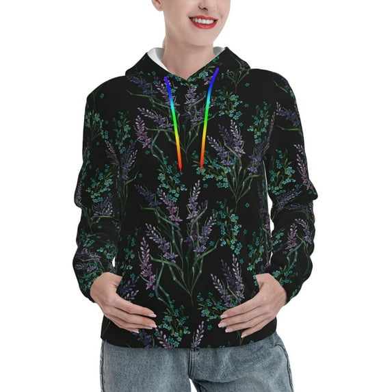 Salouo Lavender Flowers Pattern Hoodie Sweatshirts for Women, Autumn Pullover Hoodie Workout Sweat Women's Long Sleeve Preppy Sweatshirts-Small