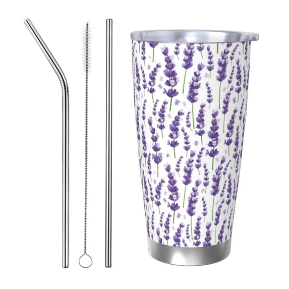 Salouo Lavender Flowers Print 20oz Tumbler with Lid,Stainless Steel Vacuum Insulated Tumbler Durable Insulated Coffee Mug Thermal Cup with Splash Proof Sliding Lid-Straw Three-piece Set