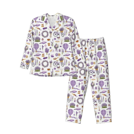 Salouo Lavender Flowers Print Button-Front Long Sleeve Pajama Set for Men, Soft 2Pjs Men's Long Sleeve Sleepwear-X-Large