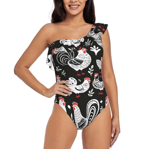 Salouo Laying Hens And Roosters Pattern One Shoulder Ruffled One Piece Swimsuit for Women V Neck Swimwear Tummy Control Bathing Suit-XX-Large
