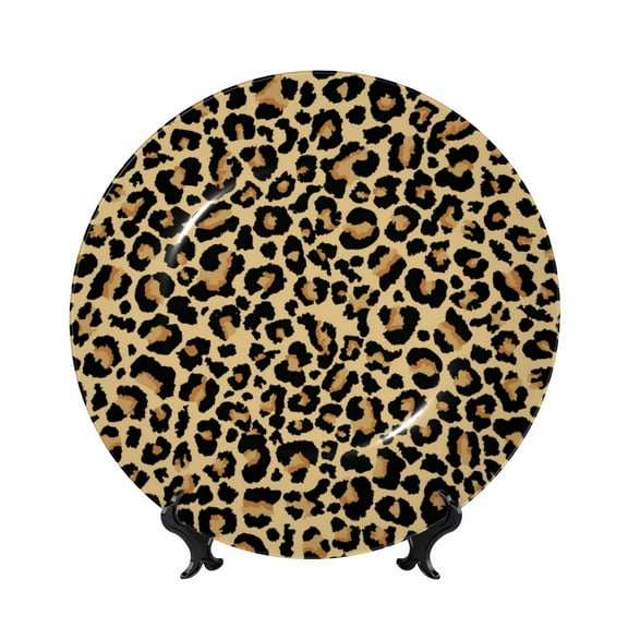 Salouo Leopard Print Pattern Bone China Decorative Plate,Holiday Decor Decorative Ceramic Plates with Stand Elegant Home DéCor for Hallway/Living Room/Bedroom-
