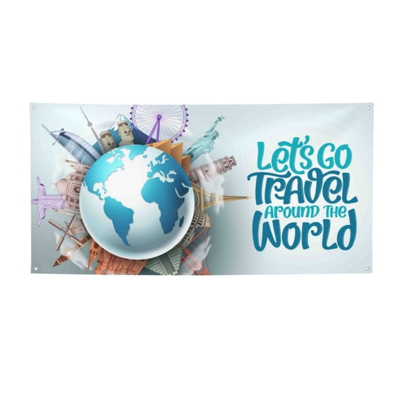Salouo Let's go Travel Around the World Pattern Holiday Banner Outside Party Decoration Banner (1PC) Festival Supplies Fit for Birthday Parties & Celebrations & Chrismas-Small